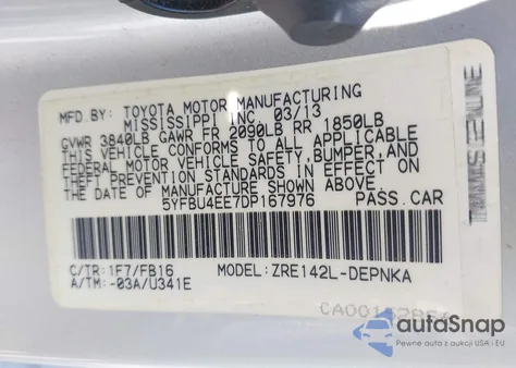2013 Toyota Corolla Le from USA, damaged, VIN 5YFBU4EE7DP167976